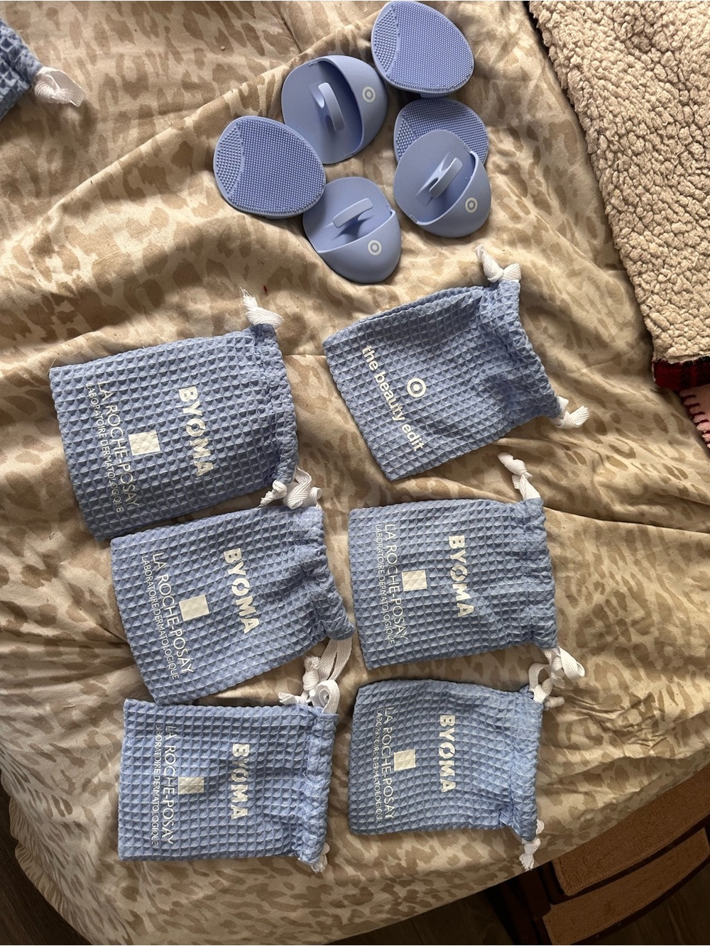 Blue Silicone Bath Brush Set with Waffle Drawstring Pouches 6 pack bundle